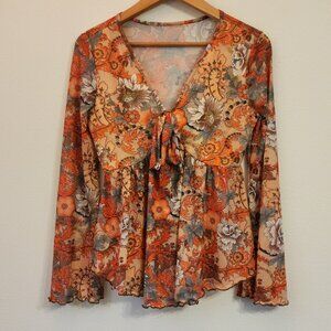 Y2k Babydoll Mesh Top Boho 70s Lettuce Hem Peplum VNeck Tie Women S-M Retro Vtg